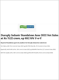 Duroply Industr Standalone June 2022 Net Sales at Rs 71.22 crore, up 102.76% Y-o-Y